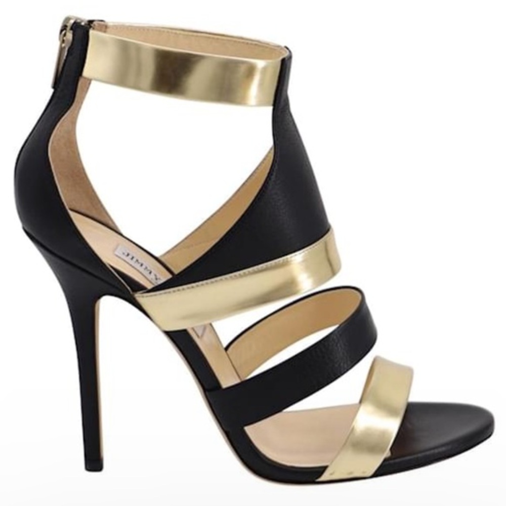 Jimmy Choo Italy  besso mix media black and gold leather gladiator sandals 37